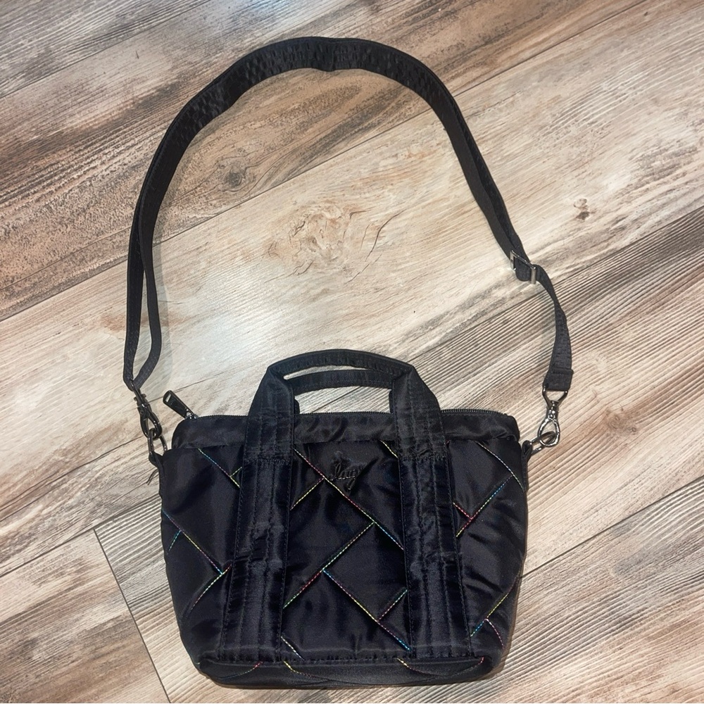 Lug Dory Mini Crossbody Bag Unisex Black Rainbow Stitch Travel Pouch Adjustable